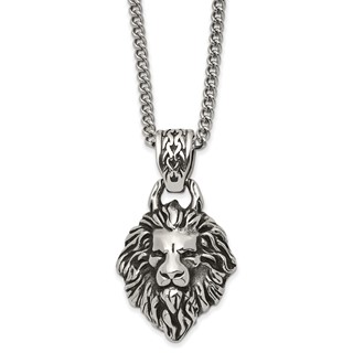 Chisel Stainless Steel Antiqued and Polished Small Lion Head with Swirl Design Pendant on a 24 inch Curb Chain Necklace