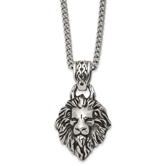 Chisel Stainless Steel Antiqued and Polished Small Lion Head with Swirl Design Pendant on a 24 inch Curb Chain Necklace