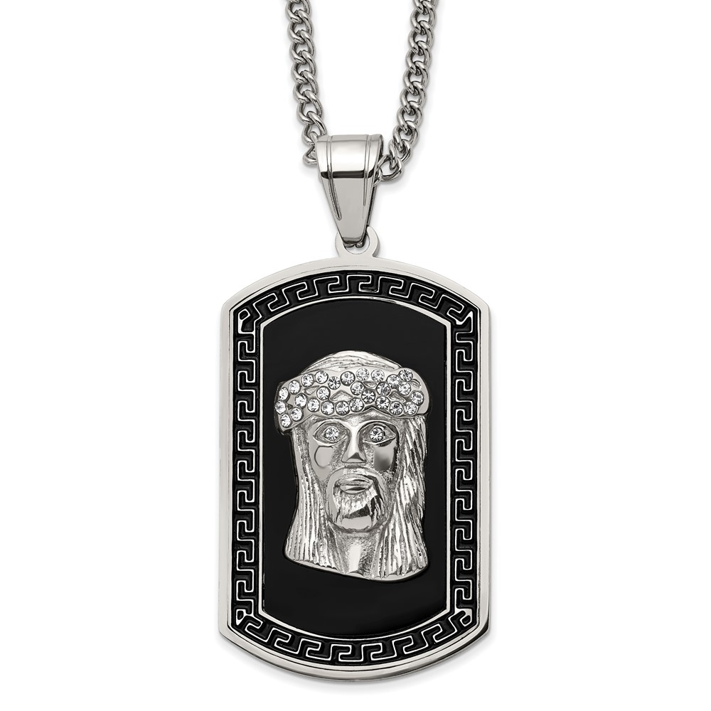 Stainless Steel 24in Polished DogTag Black Enamel & Crystal Jesus Necklace