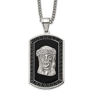Chisel Stainless Steel Polished Enameled with Crystal Jesus Dog Tag on a 24 inch Curb Chain Necklace