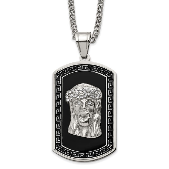 Chisel Stainless Steel Polished Enameled with Crystal Jesus Dog Tag on a 24 inch Curb Chain Necklace