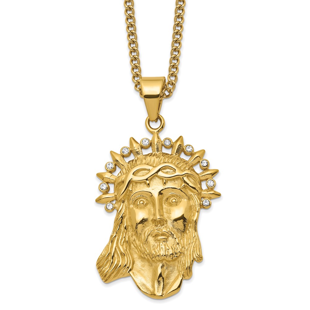 Stainless Steel 24in Polished Yellow IP-plated w/Crystal Jesus Necklace