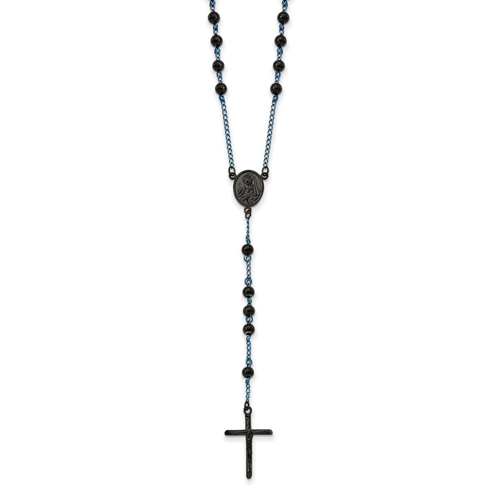 Stainless Steel Polished Black and Blue IP-plated 30in Rosary Necklace