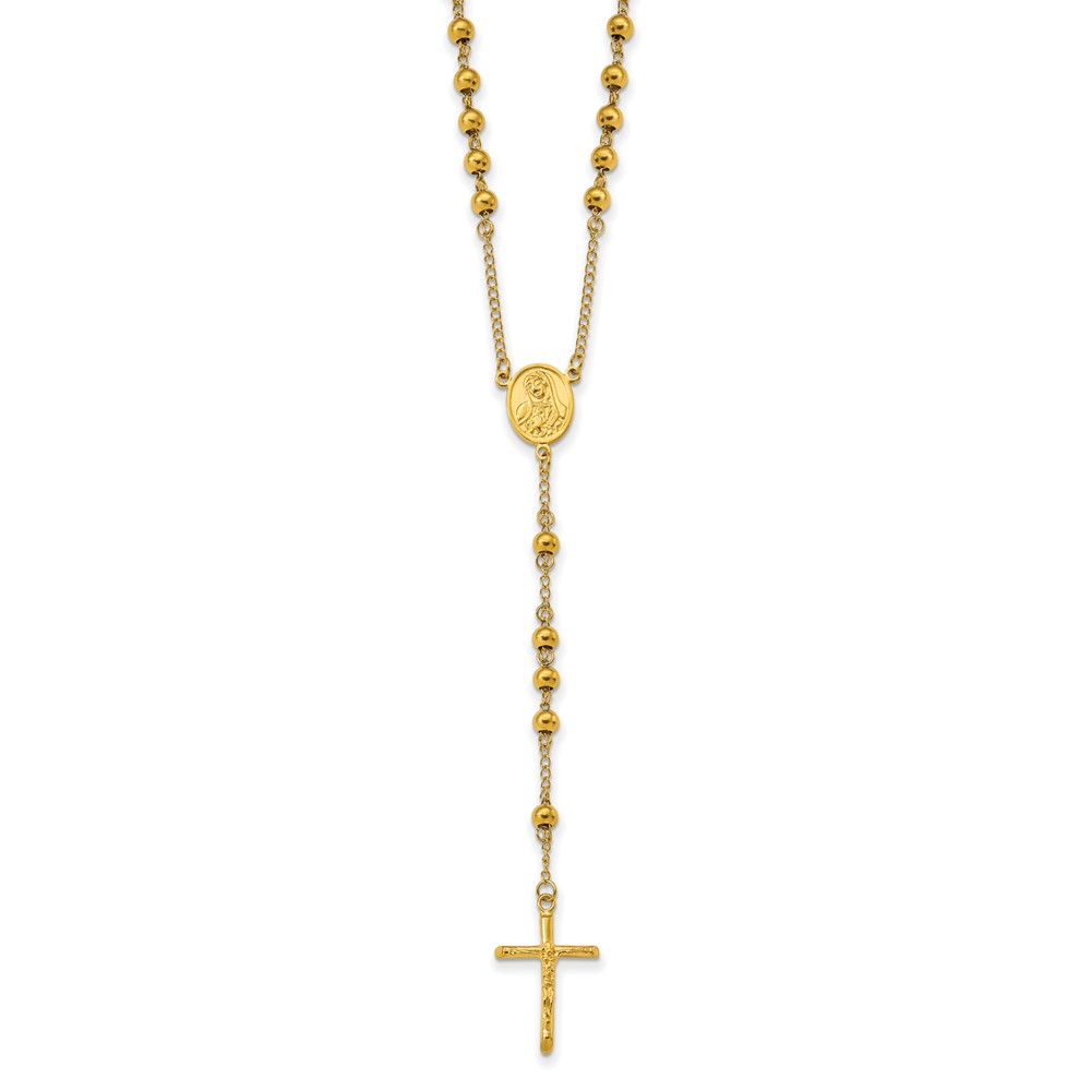 Stainless Steel Polished Yellow IP-plated 30in Rosary Necklace