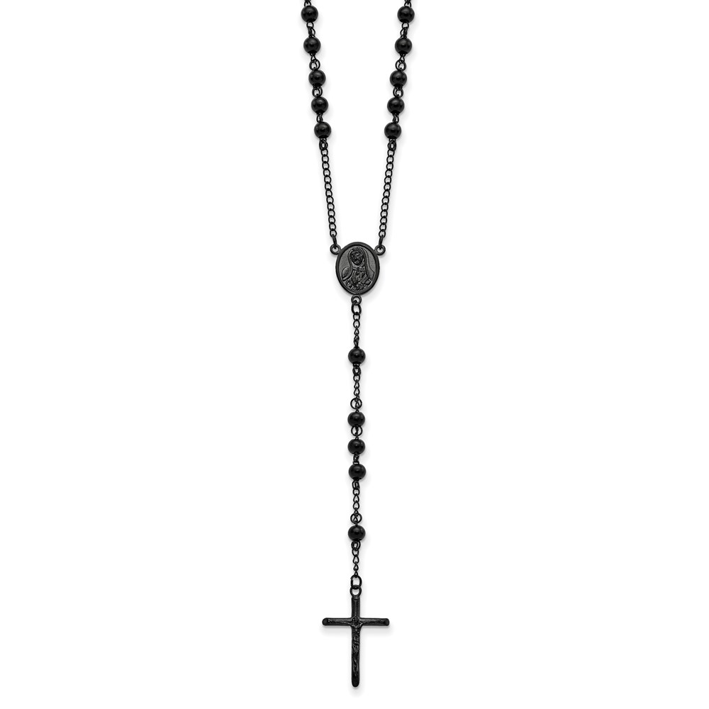 Stainless Steel Polished Black IP-plated 30in Rosary Necklace