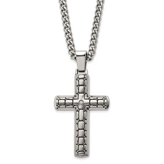 Chisel Stainless Steel Antiqued Brushed and Polished with CZ Cross Pendant on a 24 inch Curb Chain Necklace