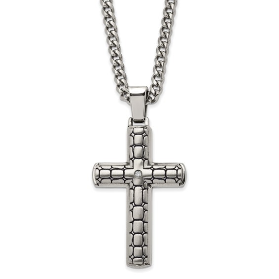 Chisel Stainless Steel Antiqued Brushed and Polished with CZ Cross Pendant on a 24 inch Curb Chain Necklace