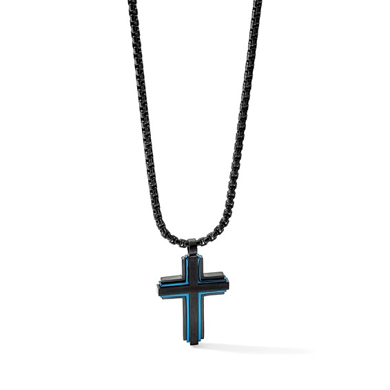 Chisel Stainless Steel Brushed and Polished Black and Blue IP-plated Cross Pendant on a 24 inch Box Chain Necklace