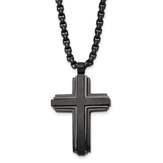 Chisel Stainless Steel Brushed and Polished Black IP-plated Cross Pendant on a 24 inch Box Chain Necklace