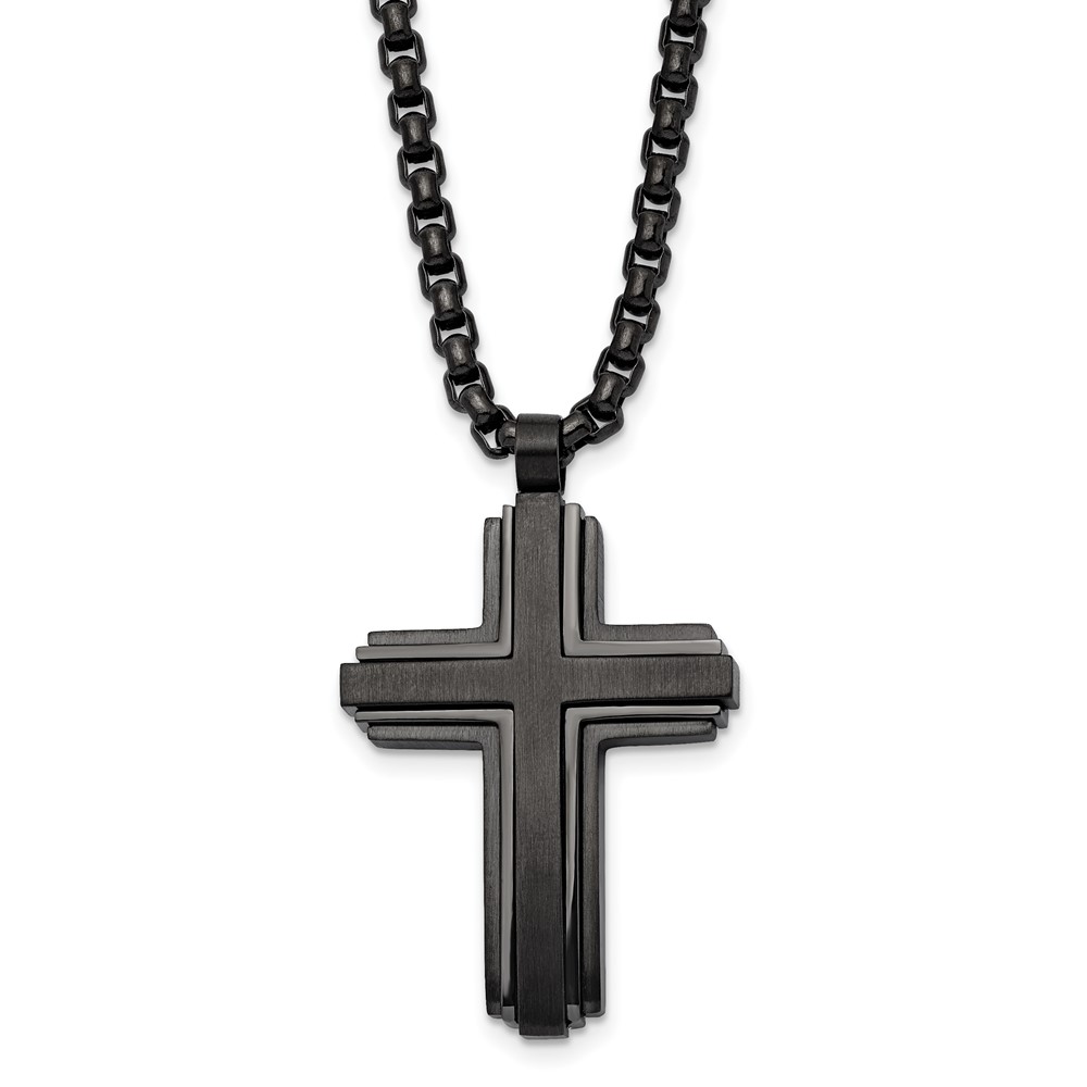 Stainless Steel Brushed and Polished Black IP-plated Cross 24in Necklace
