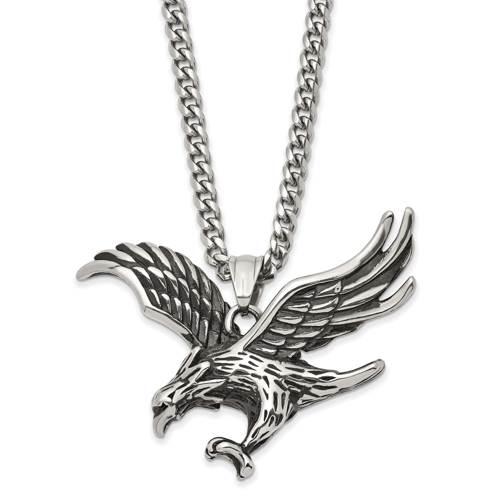 Stainless Steel Antiqued and Polished Eagle 24in Necklace