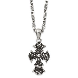 Stainless Steel Antiqued Polished and Textured Cross 24 inch Necklace
