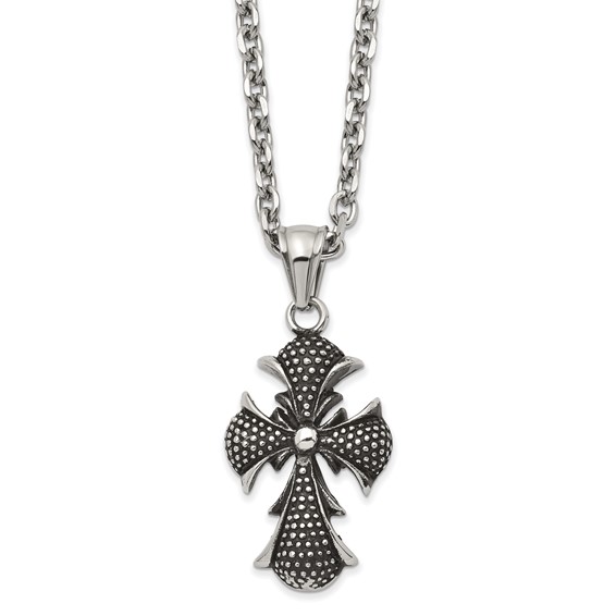 Stainless Steel Antiqued Polished and Textured Cross 24 inch Necklace