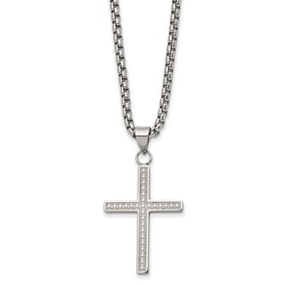 Chisel Stainless Steel Polished and Textured Cross Pendant on a 24 inch Box Chain Necklace