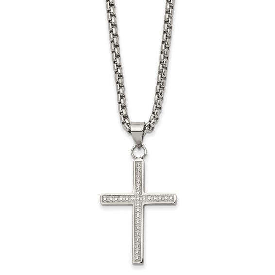 Chisel Stainless Steel Polished and Textured Cross Pendant on a 24 inch Box Chain Necklace