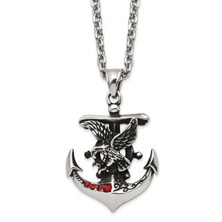 Chisel Stainless Steel Polished and Antiqued with Red Crystal Eagle on Anchor Pendant on a 24 inch Cable Chain Necklace