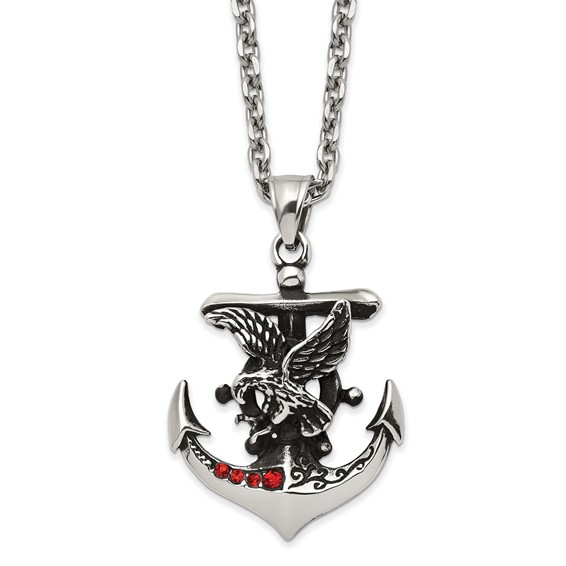 Chisel Stainless Steel Polished and Antiqued with Red Crystal Eagle on Anchor Pendant on a 24 inch Cable Chain Necklace