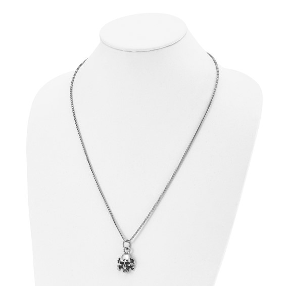 Chisel Stainless Steel Antiqued and Polished Skull and Cross Bones Pendant on a 24 inch Box Chain Necklace