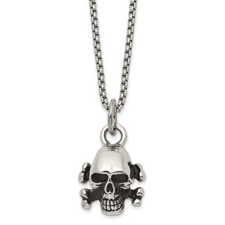 Chisel Stainless Steel Antiqued and Polished Skull and Cross Bones Pendant on a 24 inch Box Chain Necklace