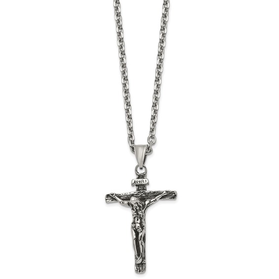 Chisel Stainless Steel Antiqued and Polished INRI Crucifix Pendant on a 24 inch Cable Chain Necklace
