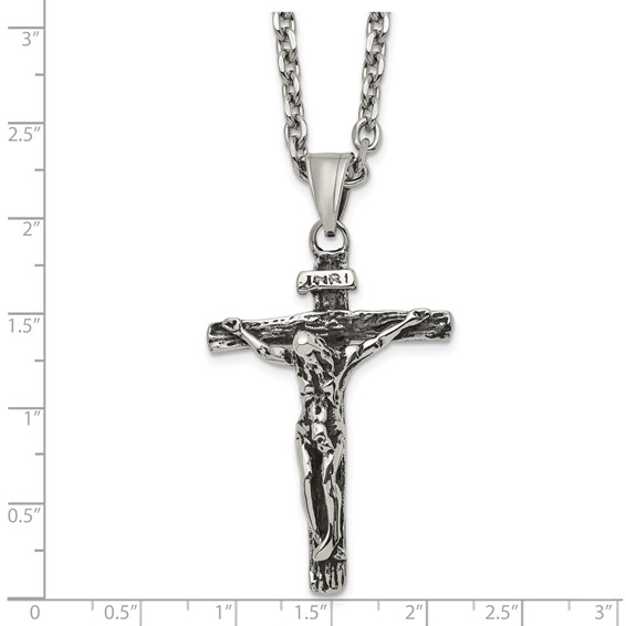 Chisel Stainless Steel Antiqued and Polished INRI Crucifix Pendant on a 24 inch Cable Chain Necklace