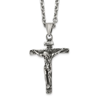 Chisel Stainless Steel Antiqued and Polished INRI Crucifix Pendant on a 24 inch Cable Chain Necklace
