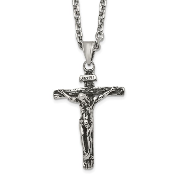 Chisel Stainless Steel Antiqued and Polished INRI Crucifix Pendant on a 24 inch Cable Chain Necklace