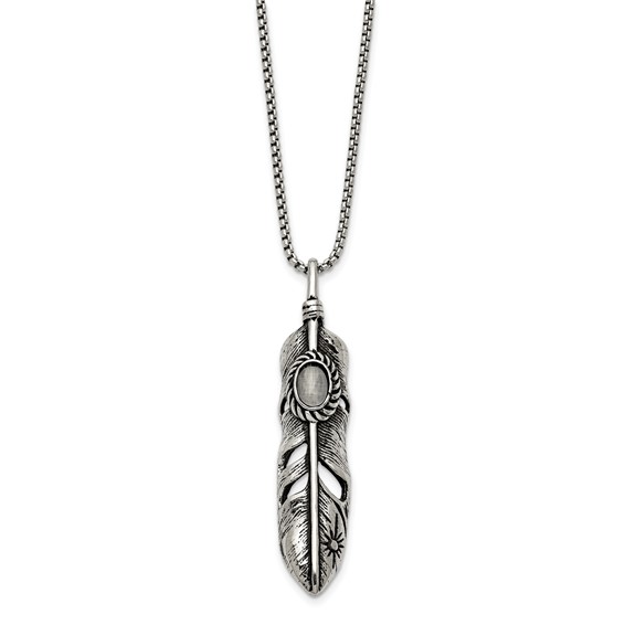 Chisel Stainless Steel Antiqued and Polished with White Cat's Eye Feather Pendant on a 24 inch Box Chain Necklace