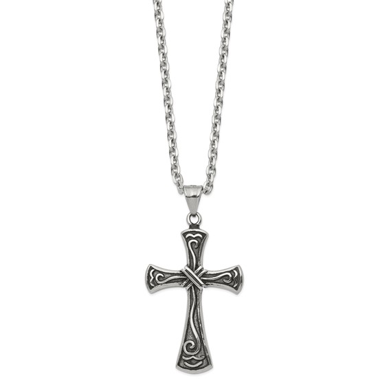 Chisel Stainless Steel Antiqued and Polished Swirl Design Cross Pendant on a 25.5 inch Cable Chain Necklace