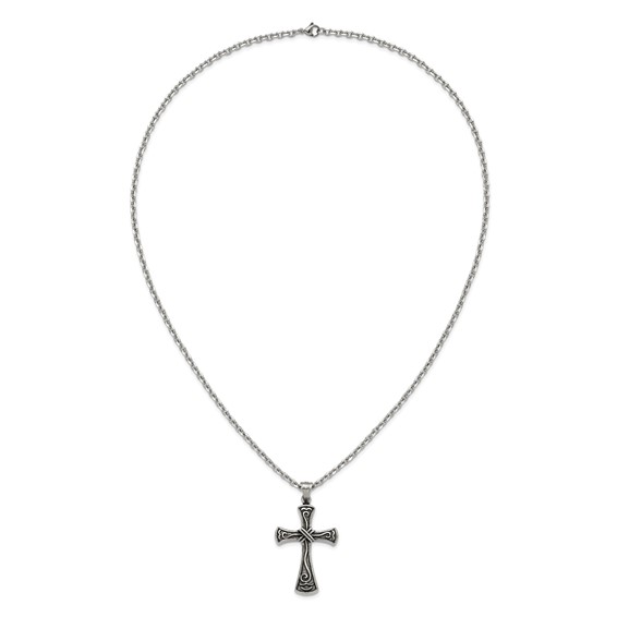 Chisel Stainless Steel Antiqued and Polished Swirl Design Cross Pendant on a 25.5 inch Cable Chain Necklace
