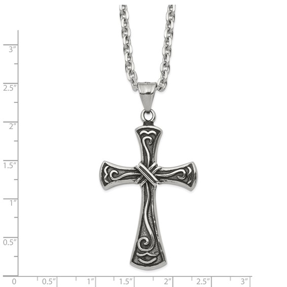 Chisel Stainless Steel Antiqued and Polished Swirl Design Cross Pendant on a 25.5 inch Cable Chain Necklace