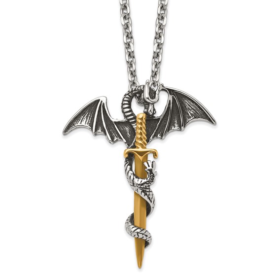 Chisel Stainless Steel Antiqued and Polished Yellow IP-plated Dragon on Sword on a 24 inch Cable Chain Necklace