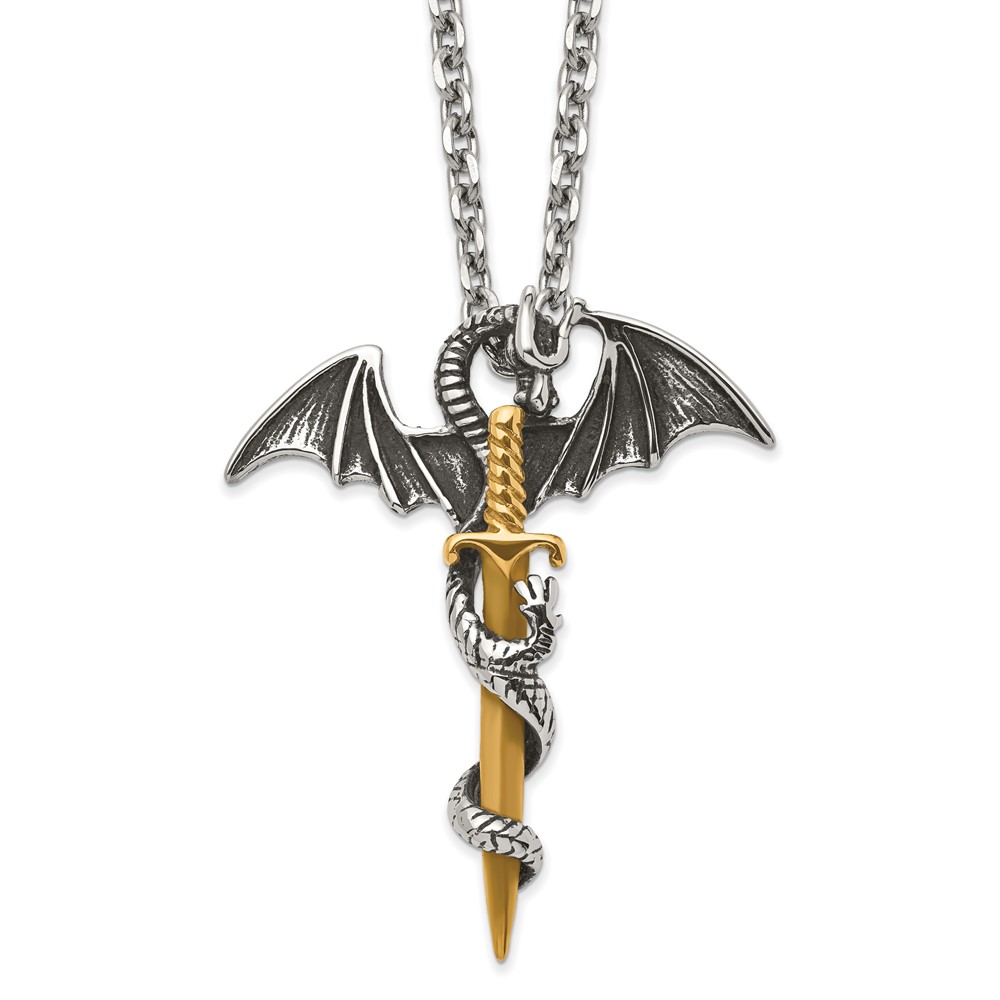 Stainless Steel Antiqued & Polished Yellow IP Dragon/Sword 24in Necklace