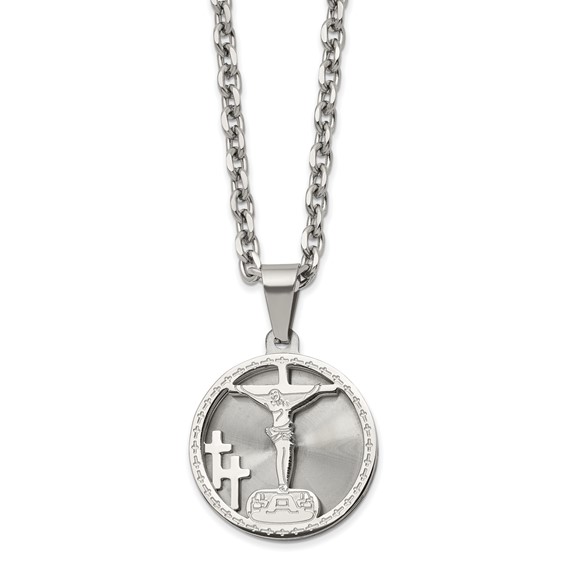 Chisel Stainless Steel Polished Laser Cut Crucifix Pendant on a 24 inch Cable Chain Necklace