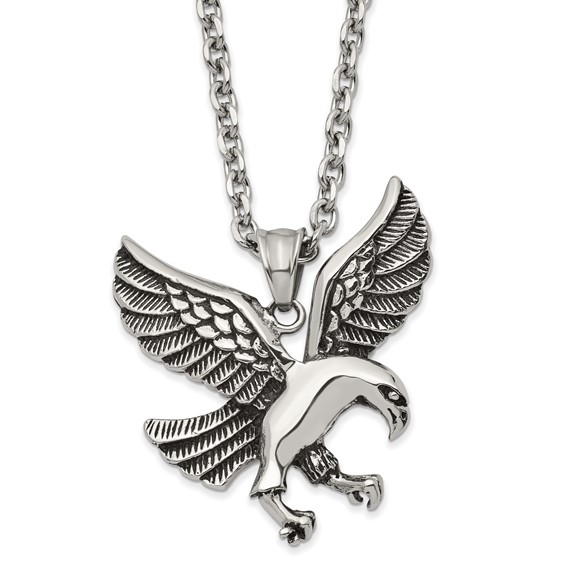 Chisel Stainless Steel Antiqued and Polished Eagle Pendant on a 25.5 inch Cable Necklace