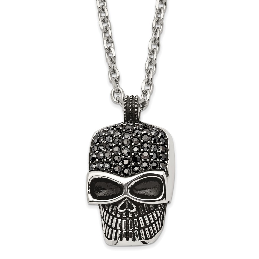 Stainless Steel 24in Polished and Antiqued with Black Crystal Skull Neckla