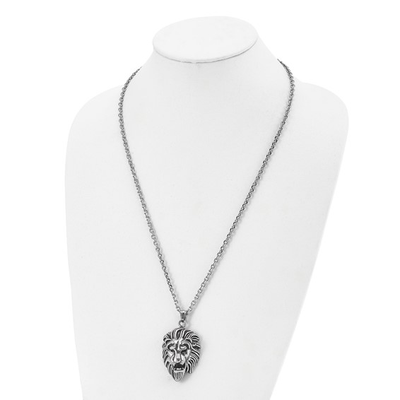 Chisel Stainless Steel Antiqued and Polished Large Lion's Head Pendant on a 24 inch Curb Chain Necklace