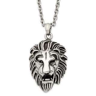 Chisel Stainless Steel Antiqued and Polished Large Lion's Head Pendant on a 24 inch Curb Chain Necklace
