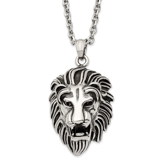Chisel Stainless Steel Antiqued and Polished Large Lion's Head Pendant on a 24 inch Curb Chain Necklace