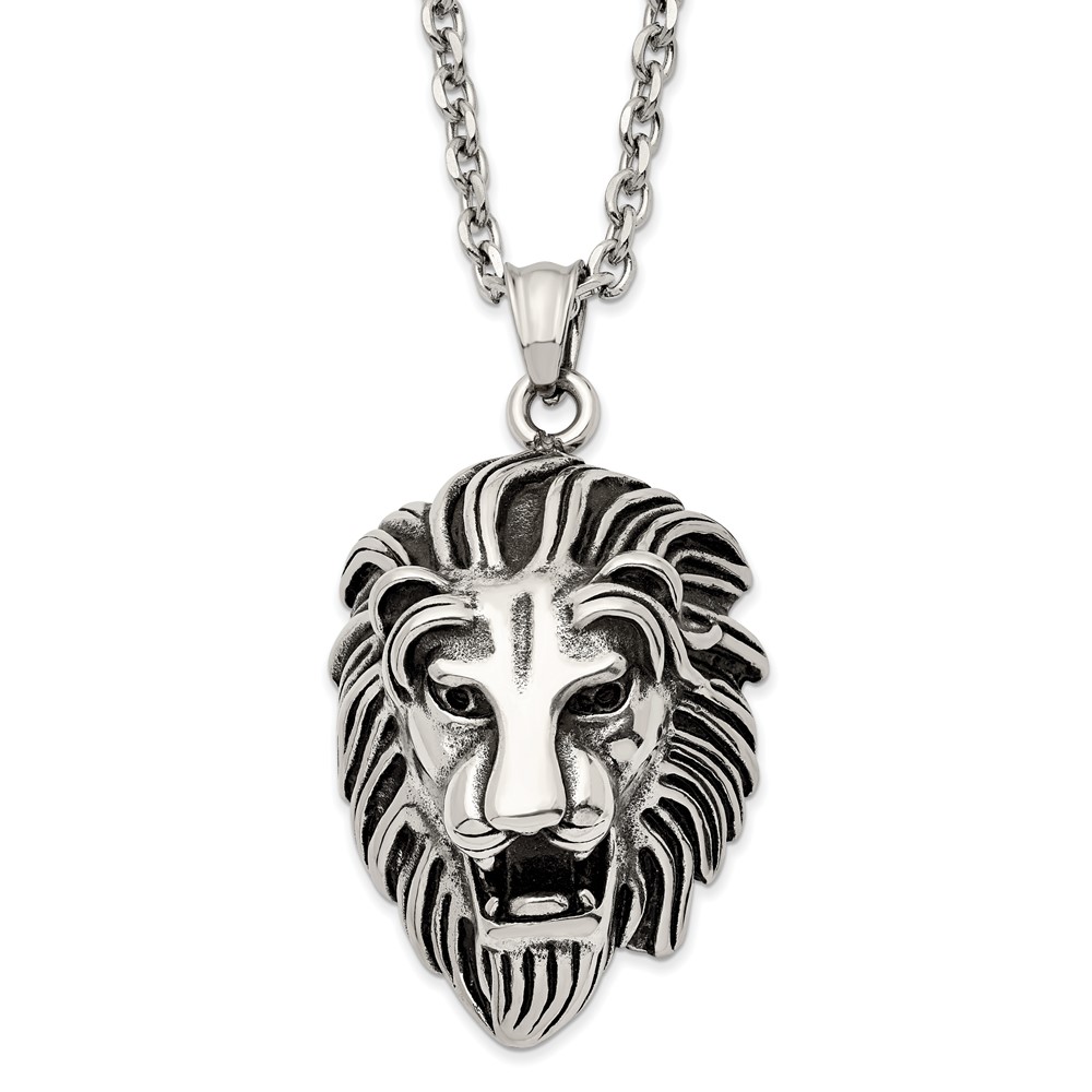 Stainless Steel Antiqued and Polished Lion Head 24in Necklace