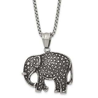 Chisel Stainless Steel Antiqued Polished and Textured Elephant Pendant on a 24 inch Box Chain Necklace