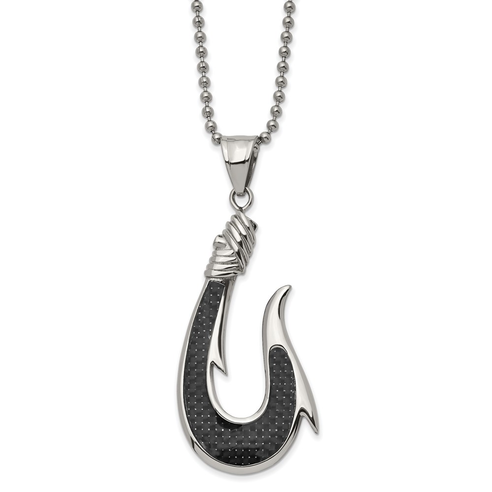 Stainless Steel Polished with Black Carbon Fiber Inlay Hook 22in Necklace