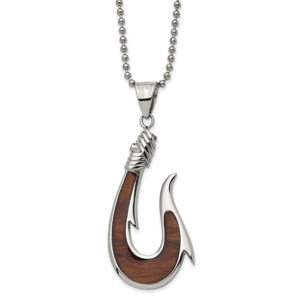 Stainless Steel Polished with Rosewood Inlay Hook 22in Necklace
