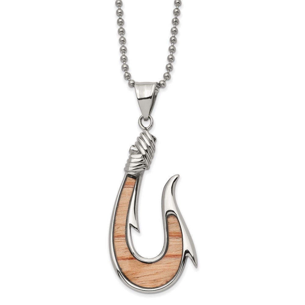 Stainless Steel Polished with Wenge Wood Inlay Hook 22in Necklace
