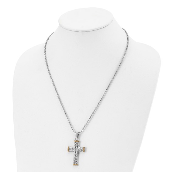 Chisel Stainless Steel Polished and Textured Yellow IP-plated Cross Pendant on a 22 inch Ball Chain Necklace