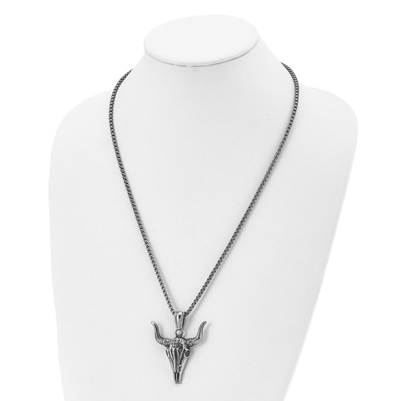 Chisel Stainless Steel Antiqued and Polished Bull Skull Pendant on a 24 inch Box Chain Necklace