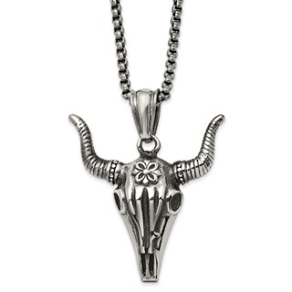 Chisel Stainless Steel Antiqued and Polished Bull Skull Pendant on a 24 inch Box Chain Necklace