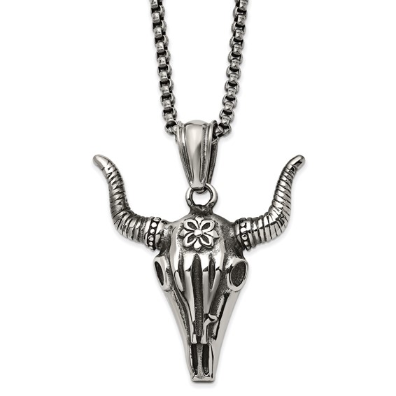 Chisel Stainless Steel Antiqued and Polished Bull Skull Pendant on a 24 inch Box Chain Necklace