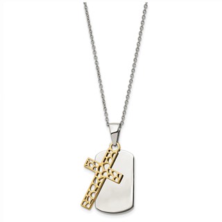 Chisel Stainless Steel Polished Yellow IP-plated 2 Piece Cut Out Cross Dog Tag on a 18 inch Cable Chain Necklace