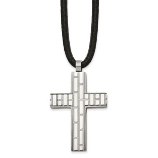 Chisel Stainless Steel Brushed and Polished Brick Design Cross on a Pendant 19.5 inch Black Rubber Cord Necklace
